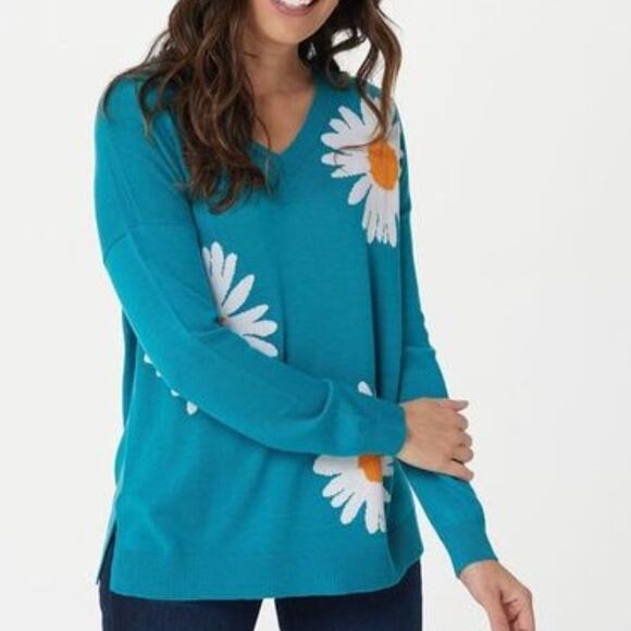 Laurie Felt Daisy Sweater Womens Size 2X Teal Cashmere Blend V-Neck Floral Warm - Picture 1 of 8